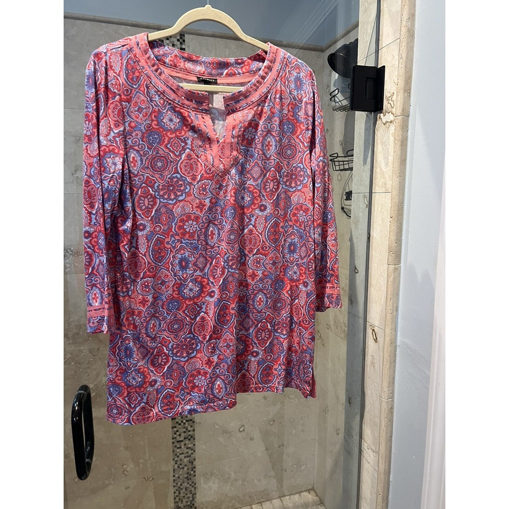 Talbots Womens M Paisley Print Shirt Top Tunic Pink Blue Crochet V-Neck Pullover